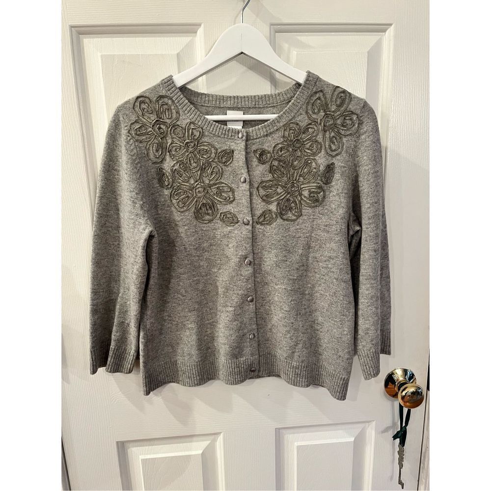 Chico’s Black & White Herringbone Faux Leather Trim Open Front Cardigan Sweater